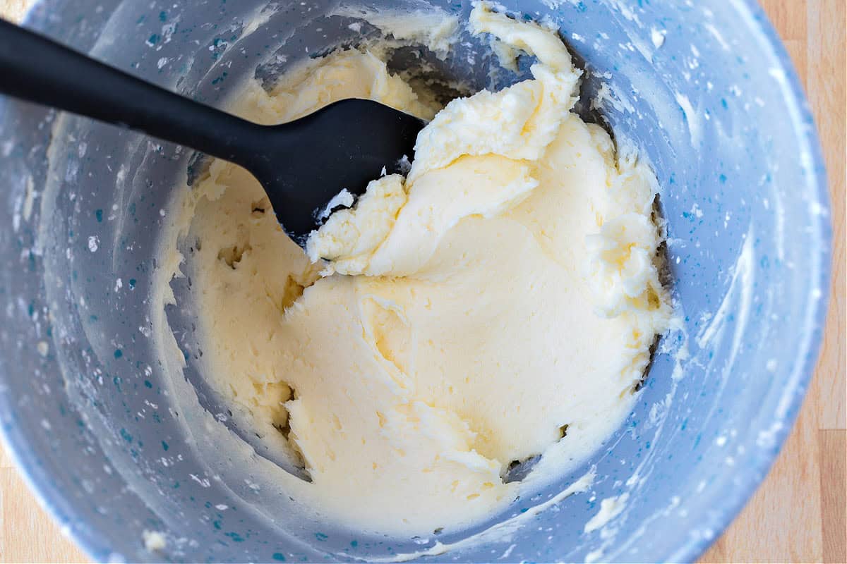 butter and sugar creamed together in a bowl