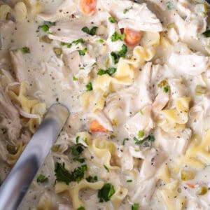 creamy chicken noodle soup in a slow cooker with ladle