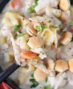 spoon full of chicken noodle soup with oyster crackers