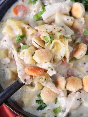 spoon full of chicken noodle soup with oyster crackers