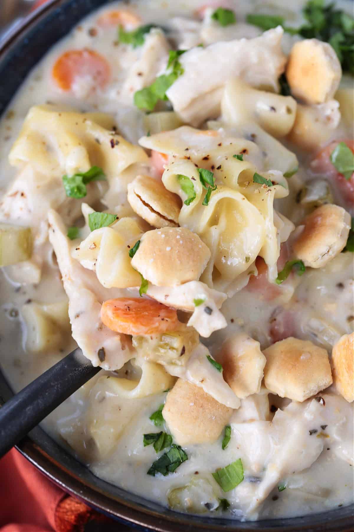 spoon full of chicken noodle soup with oyster crackers