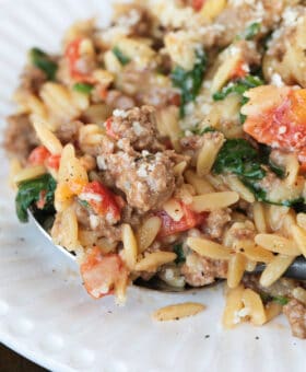 a spoonful of ground beef and spinach orzo on a white plate