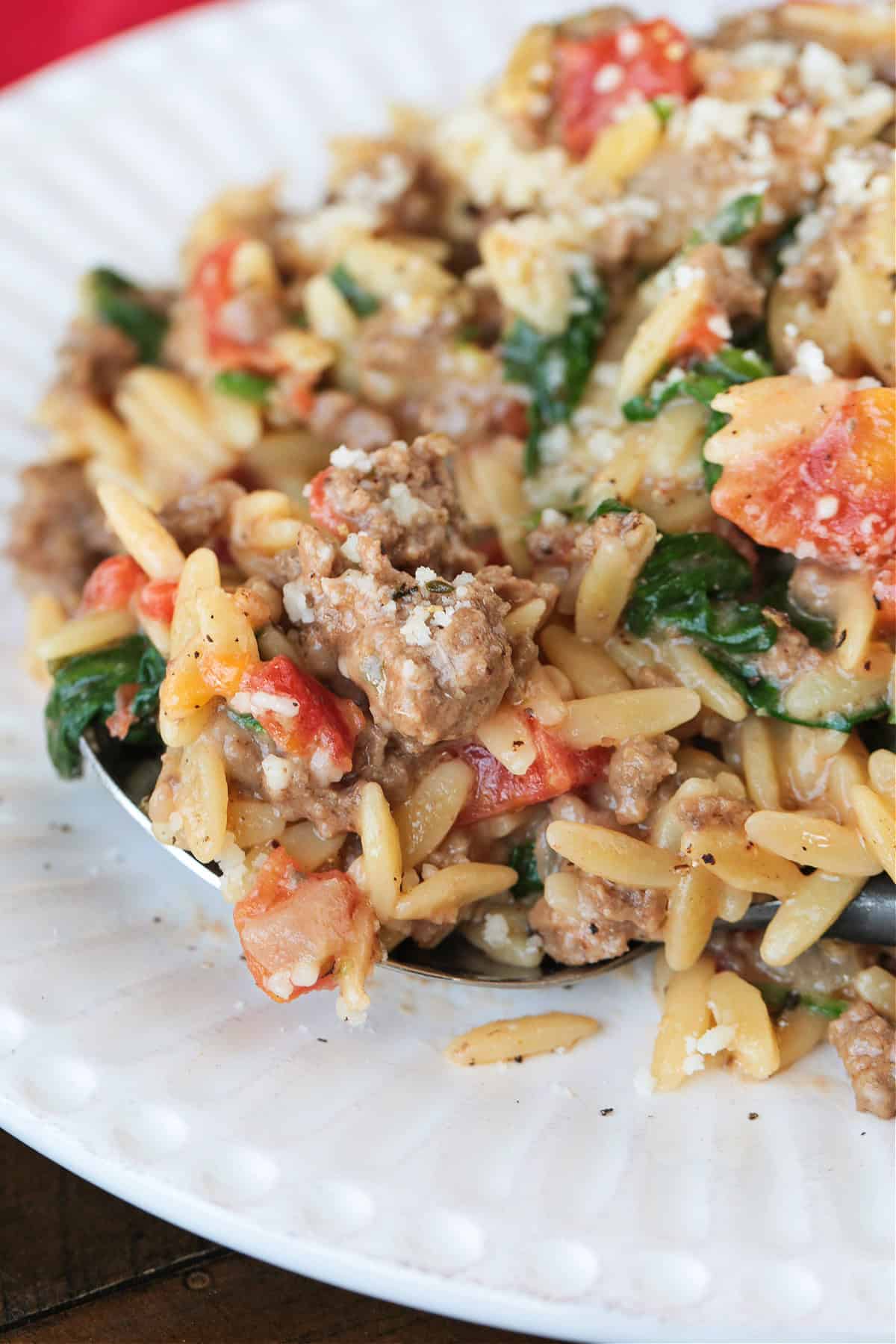 Spinach and Beef Orzo is a comfort food meal that's done in 30 minutes! Tender orzo with ground beef and spinach in a cheesy, creamy sauce. a spoonful of ground beef and spinach orzo on a white plate