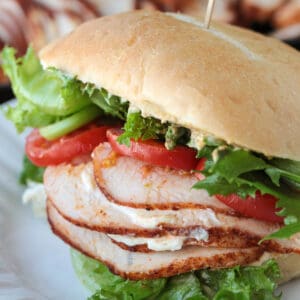 turkey sandwich on plate with sliced turkey in the background