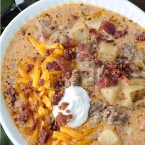 image with cheeseburger soup and text overlay for pinterest