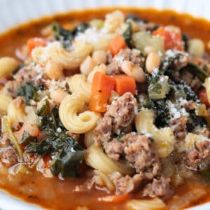 side view of a bowl of minestrone soup with sausage