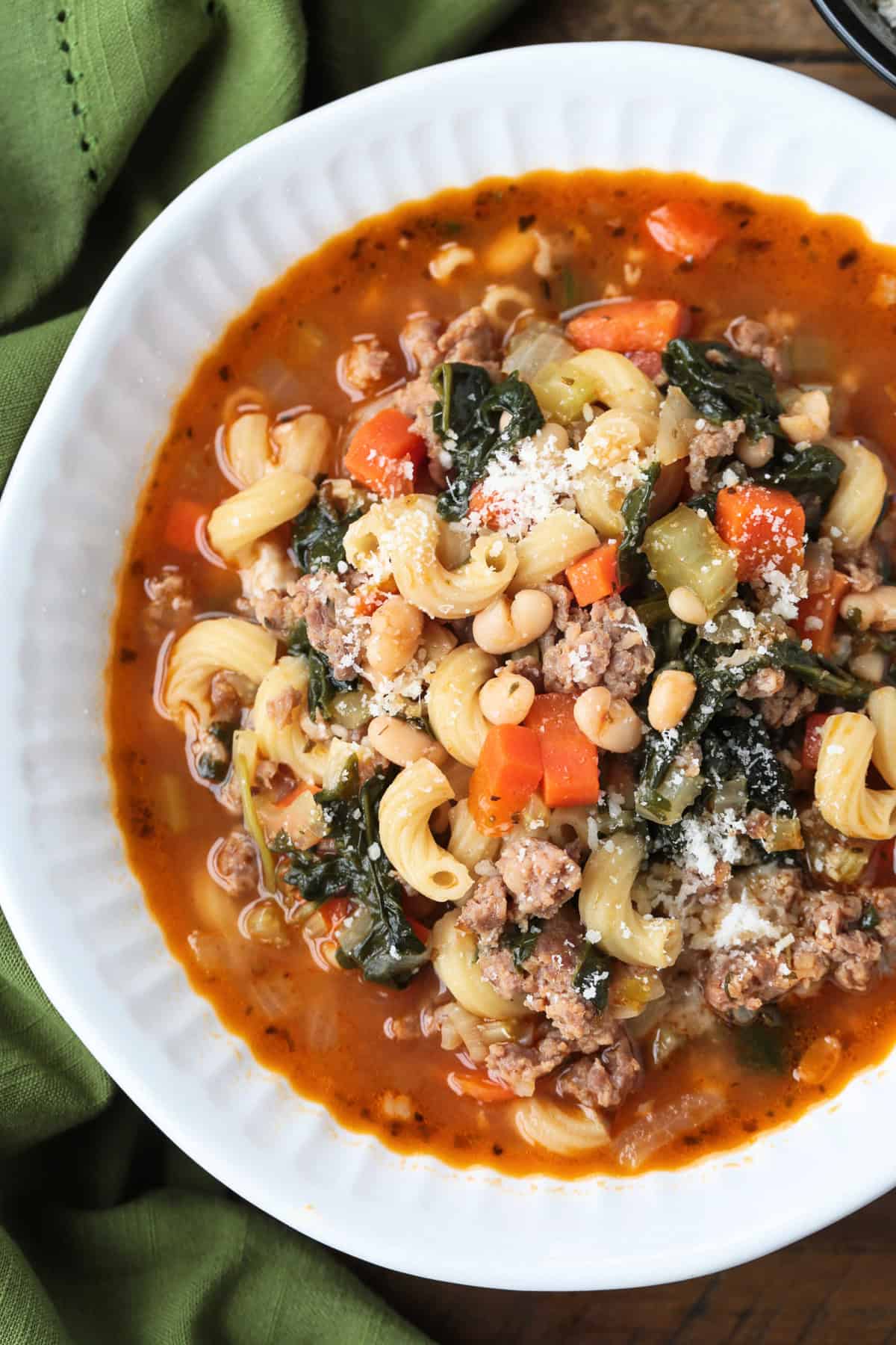 close up of bowl of soup with minestrone