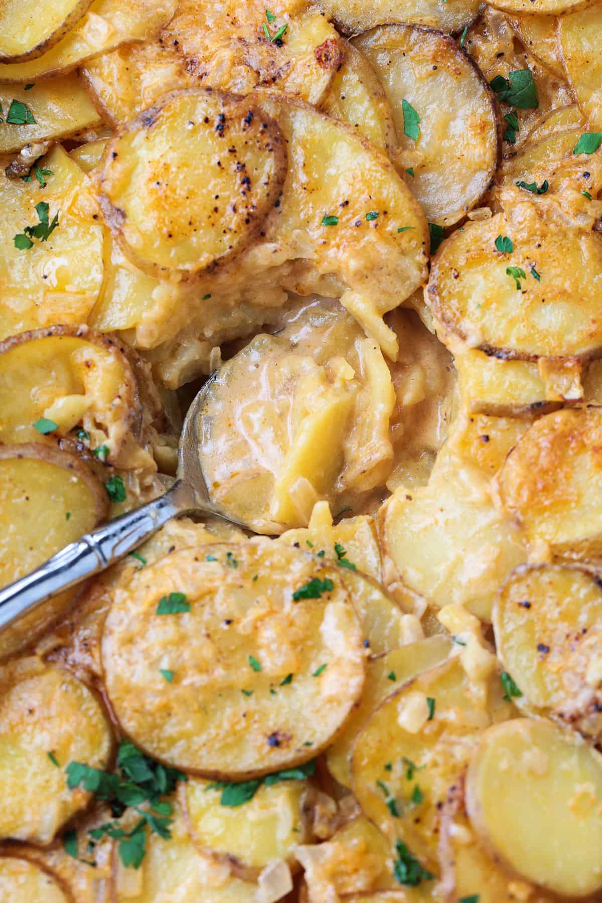 cheesy potato casserole in serving dish with spoon