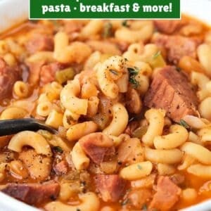 pasta fagioli in a bowl with spoon