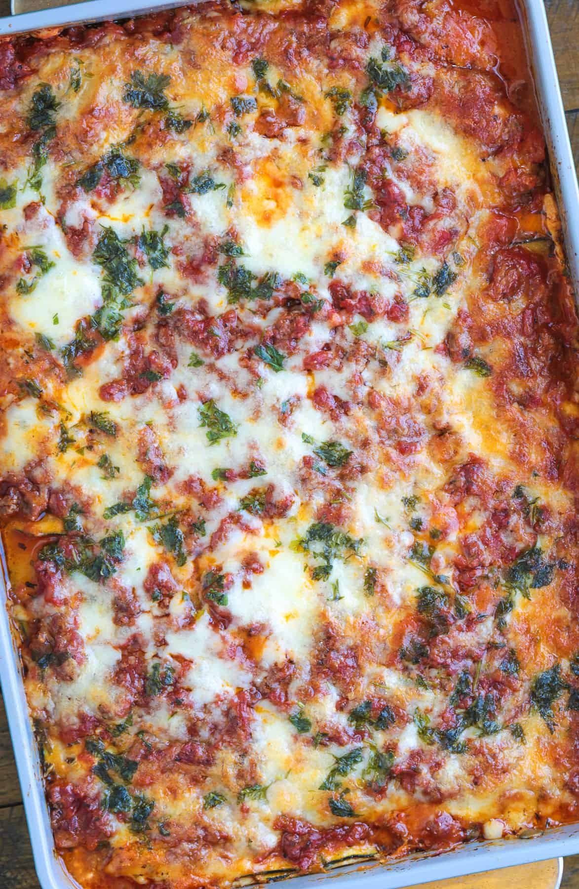 Our Fool Proof Zucchini Lasagna turns out perfect every time. Thin strips of zucchini make a lighter lasagna recipe with tons of flavor! zucchini lasagna finished from the oven