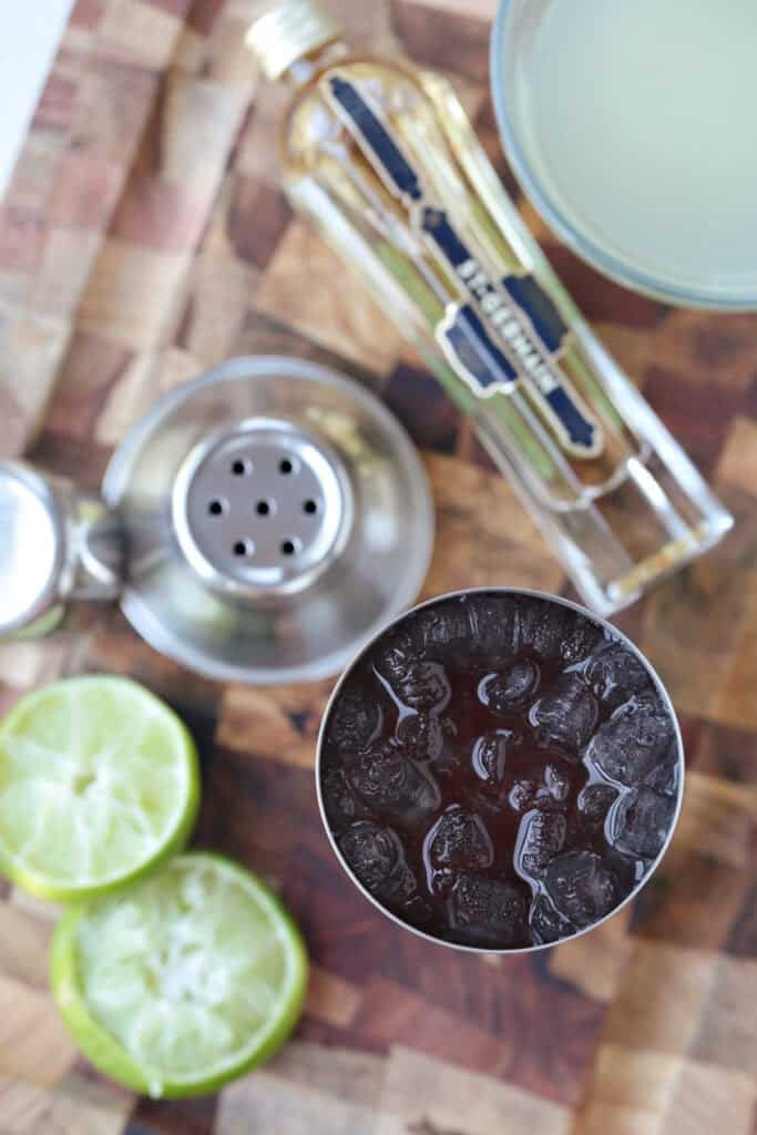 shaker with ice and cocktail inside