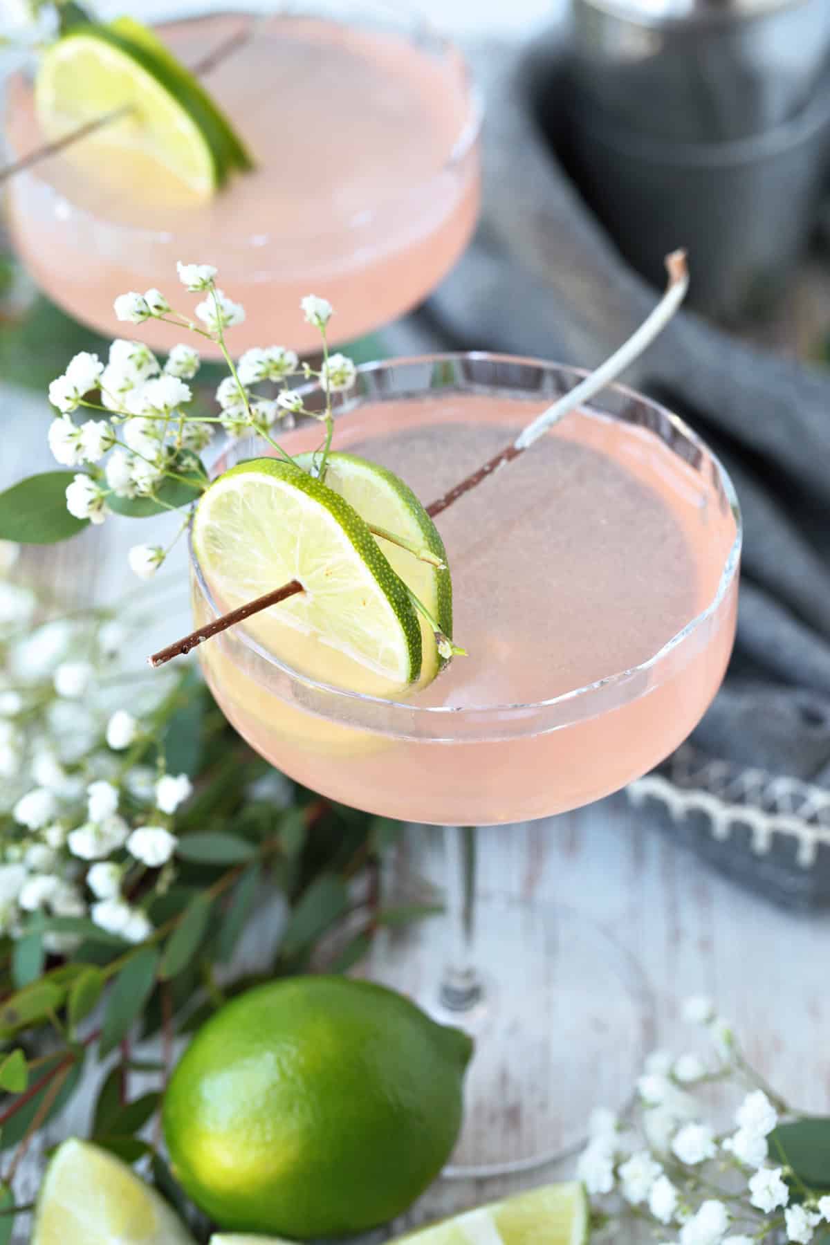tops of cosmopolitan cocktails made with elderflower liquor