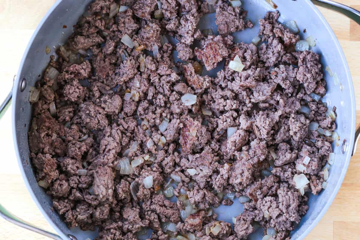 browned ground beef in a skillet