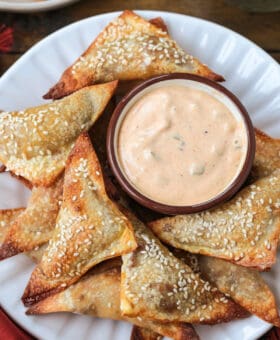 cheeseburger wontons with sesame seeds on a plate with sauce