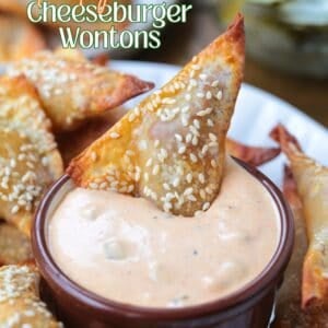air fryer cheeseburger wontons dipping in sauce with text